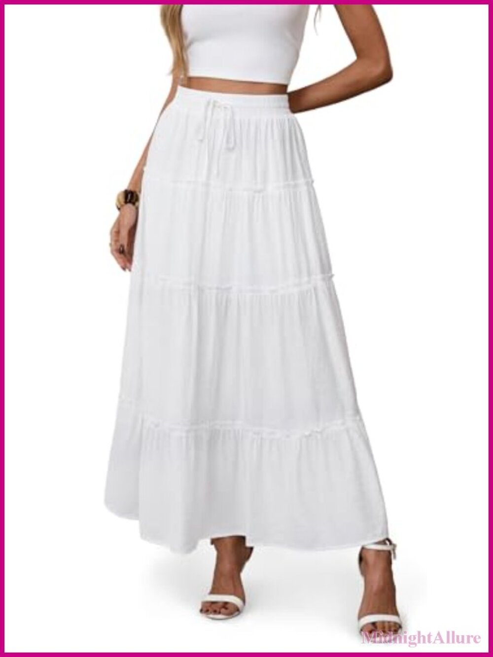 Flowy Boho Maxi Skirt High Waist A-Line Tiered Ruffle Drawstring